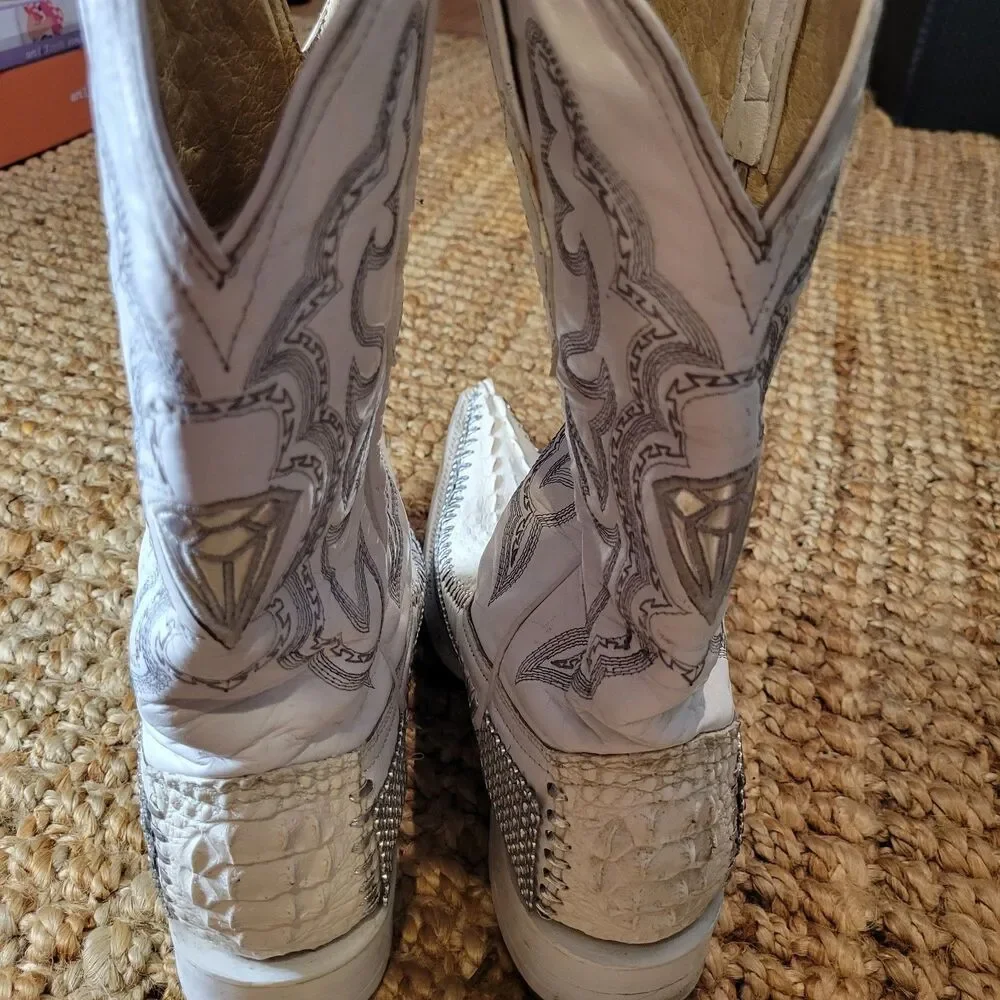 White Diamonds Crocodile Skin Leather Western Cowboy Boots White Bling 8.5 Men's